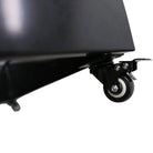 Medium black metal planter with wheels for artificial hedges, shown from a side view, designed for easy mobility.