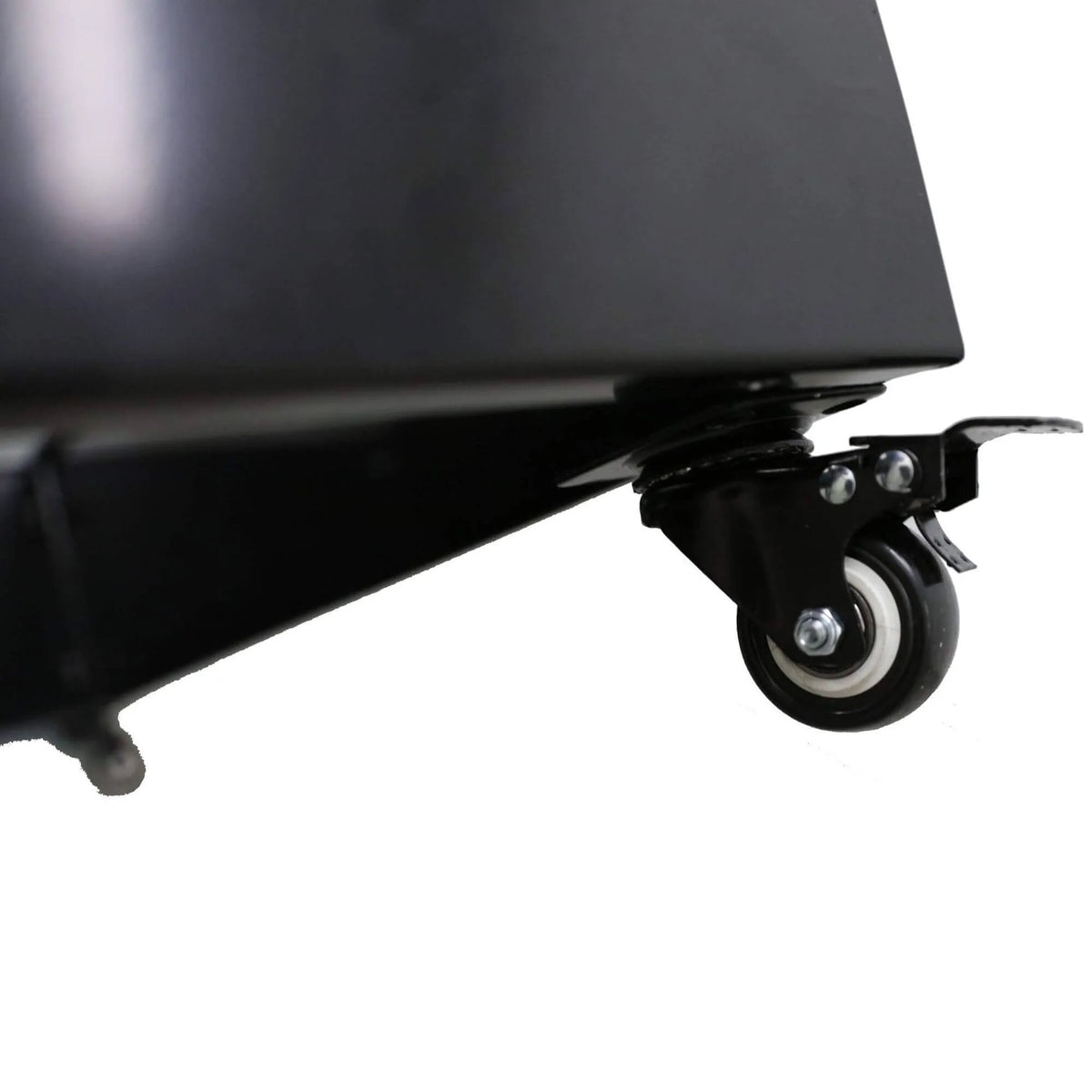 Medium black metal planter with wheels for artificial hedges, shown from a side view, designed for easy mobility.
