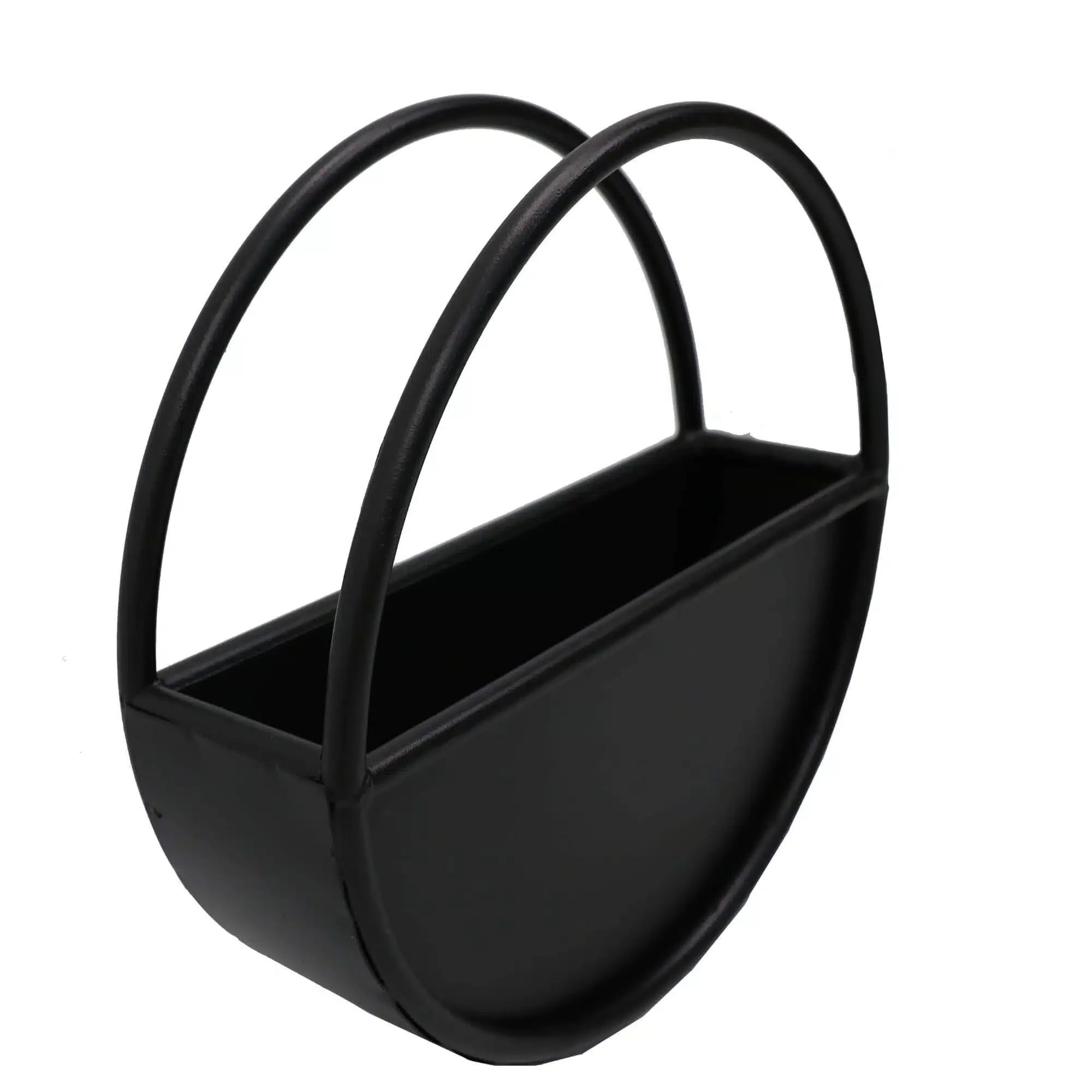 Onyx black floating half moon metal wall planter by Designer Plants USA, 35cm diameter, shown mounted on wall.
