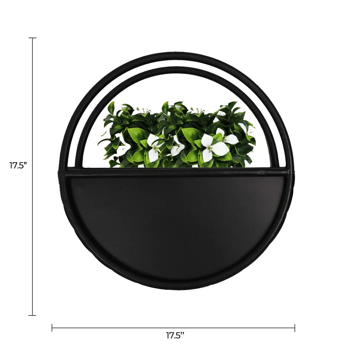 Onyx black floating half moon metal wall planter by Designer Plants USA, 45cm semi-circle design for wall decor and plant display.