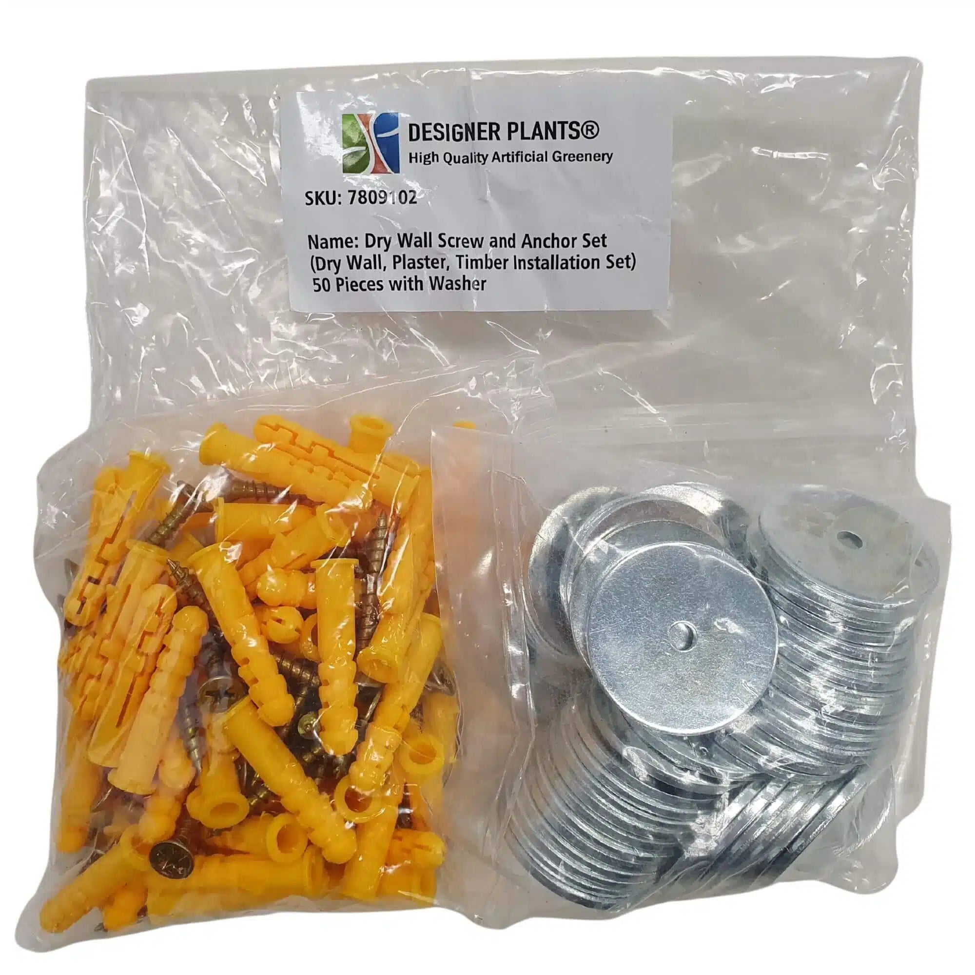 Artificial green wall install kit with screws, washers, and plugs for timber, drywall, and plaster from Designer Plants USA.