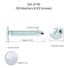 Set of 50 self-drilling screws and washers for installation, shown with metal screws and washers on a plain background.
