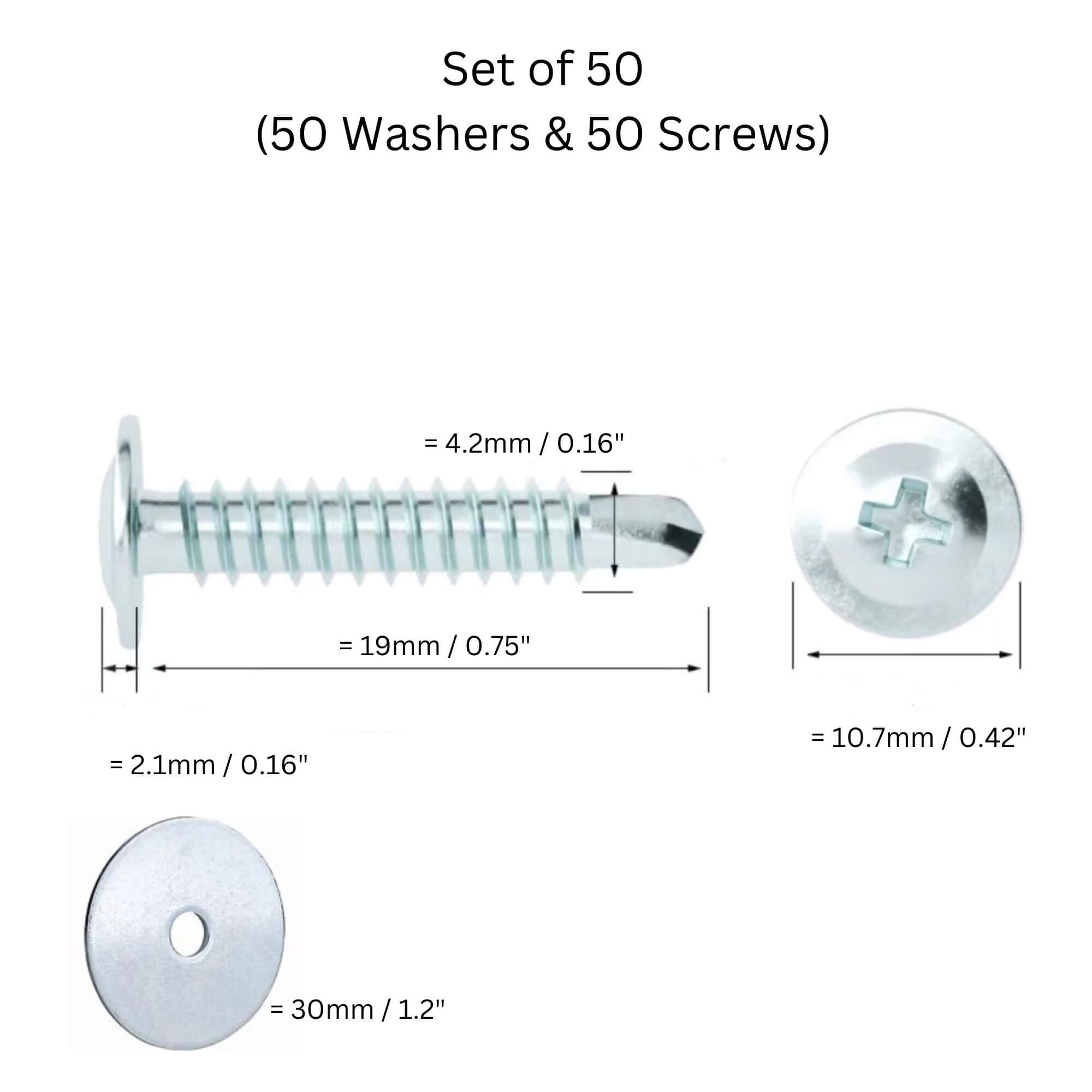 Set of 50 self-drilling screws and washers for installation, shown with metal screws and washers on a plain background.