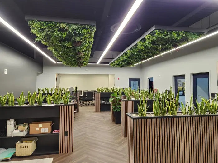 Amazon Jungle artificial vertical garden wall panel with lush green snake plants in modern office planter boxes, UV resistant, commercial grade.
