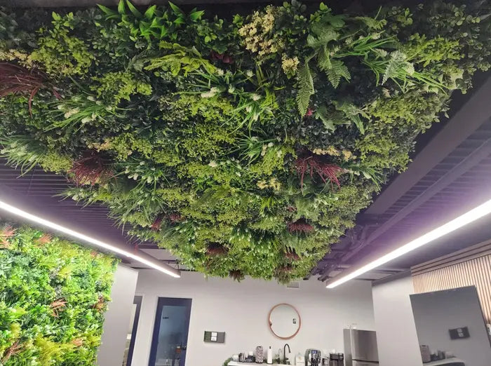 Artificial hanging ceiling plant panel from Designer Plants USA, UV resistant green wall panel for living walls or office decor.
