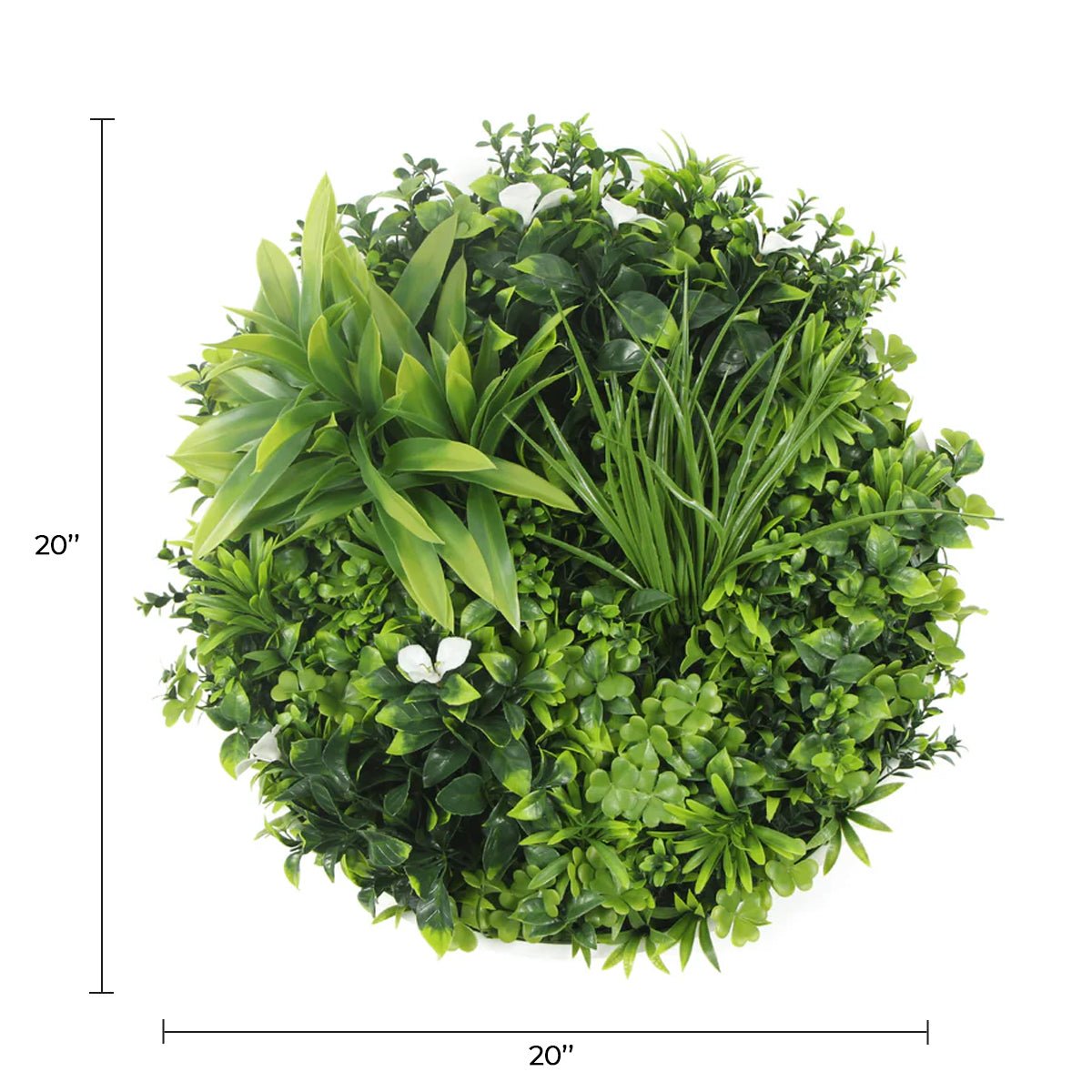 Artificial green wall disc with white frame, UV resistant, commercial grade living wall from Designer Plants USA.