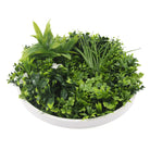 Artificial green wall disc with white frame, UV resistant, commercial grade living wall by Designer Plants USA.