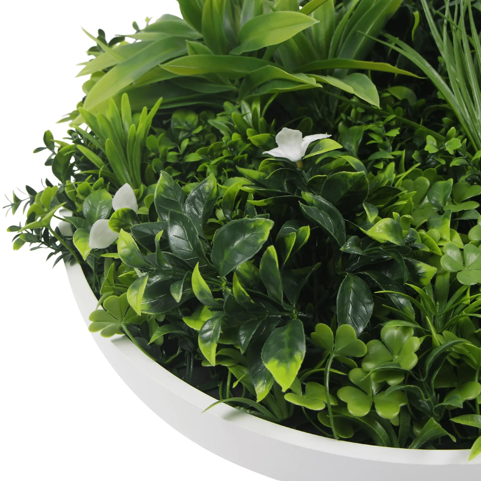 Artificial green wall disc with white frame, UV resistant, 20-inch living wall panel by Designer Plants USA for commercial use.