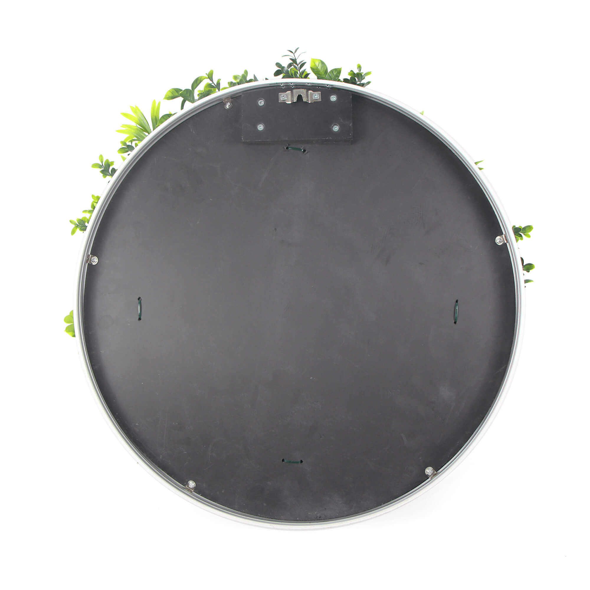 Artificial green wall disc with white frame, UV resistant, commercial grade living wall panel by Designer Plants USA.