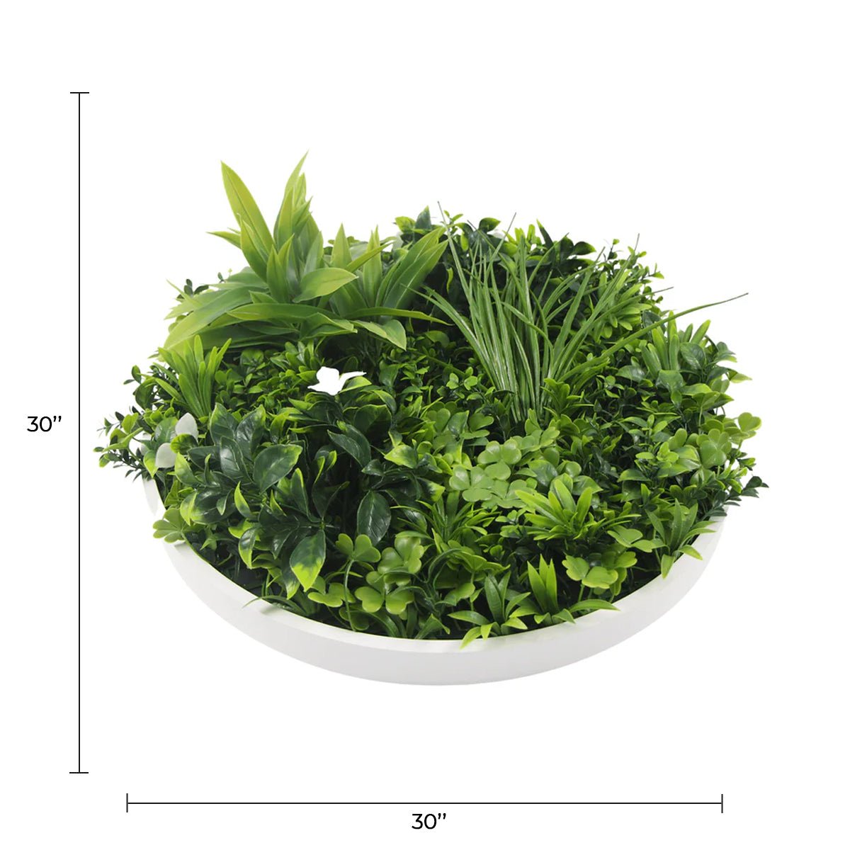 Artificial green wall disc with white frame, UV resistant, commercial grade living wall from Designer Plants USA, 30-inch diameter.