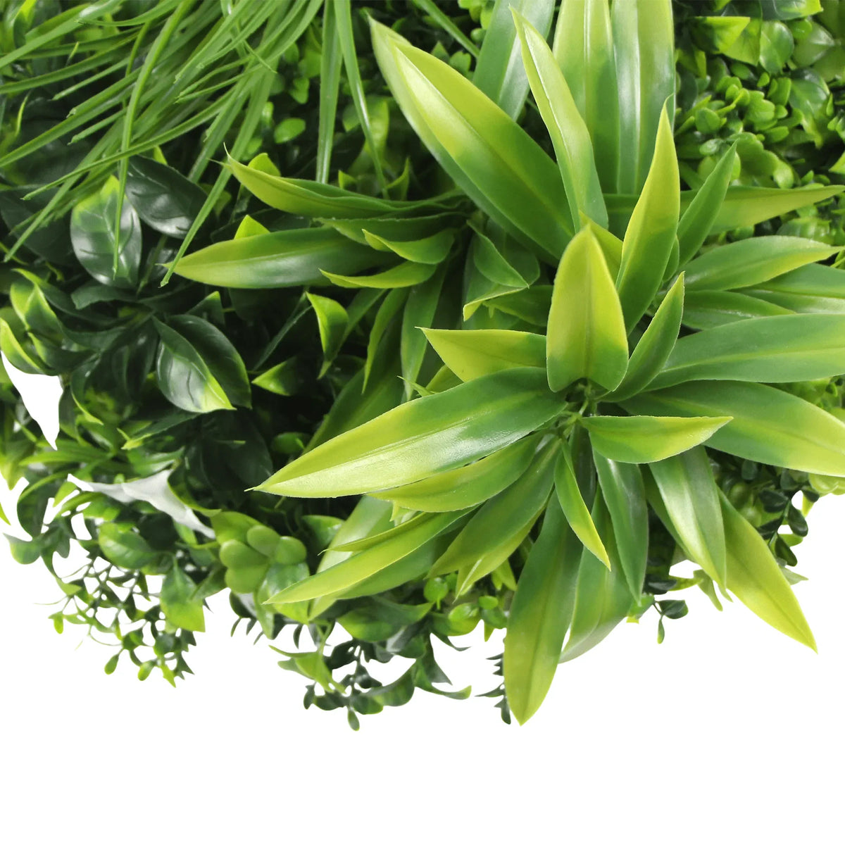 Artificial green wall disc with a white frame, UV resistant, commercial-grade living wall by Designer Plants USA.