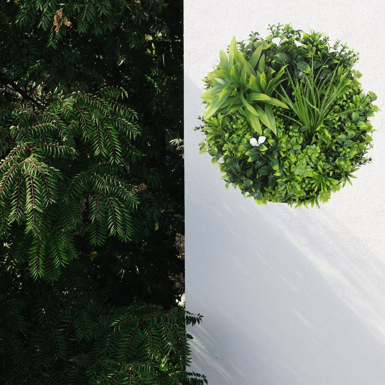Artificial green wall disc with white frame, UV-resistant living wall panel from Designer Plants USA, featuring lush potted plants.