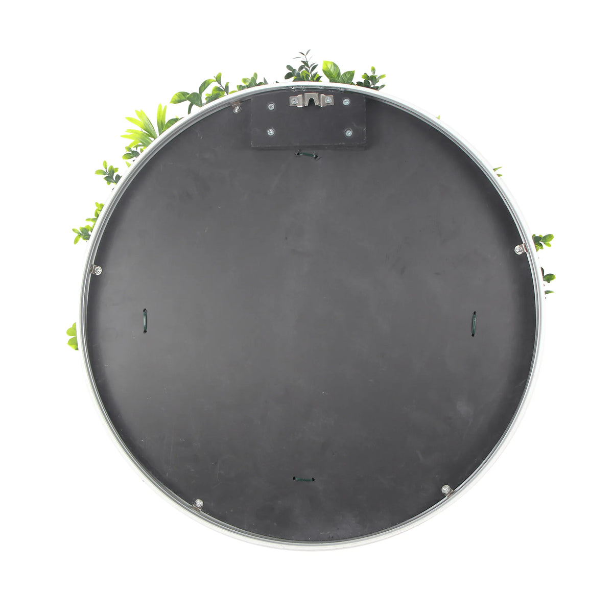 Artificial green wall disc with white frame, UV resistant, 30-inch living wall panel by Designer Plants USA.