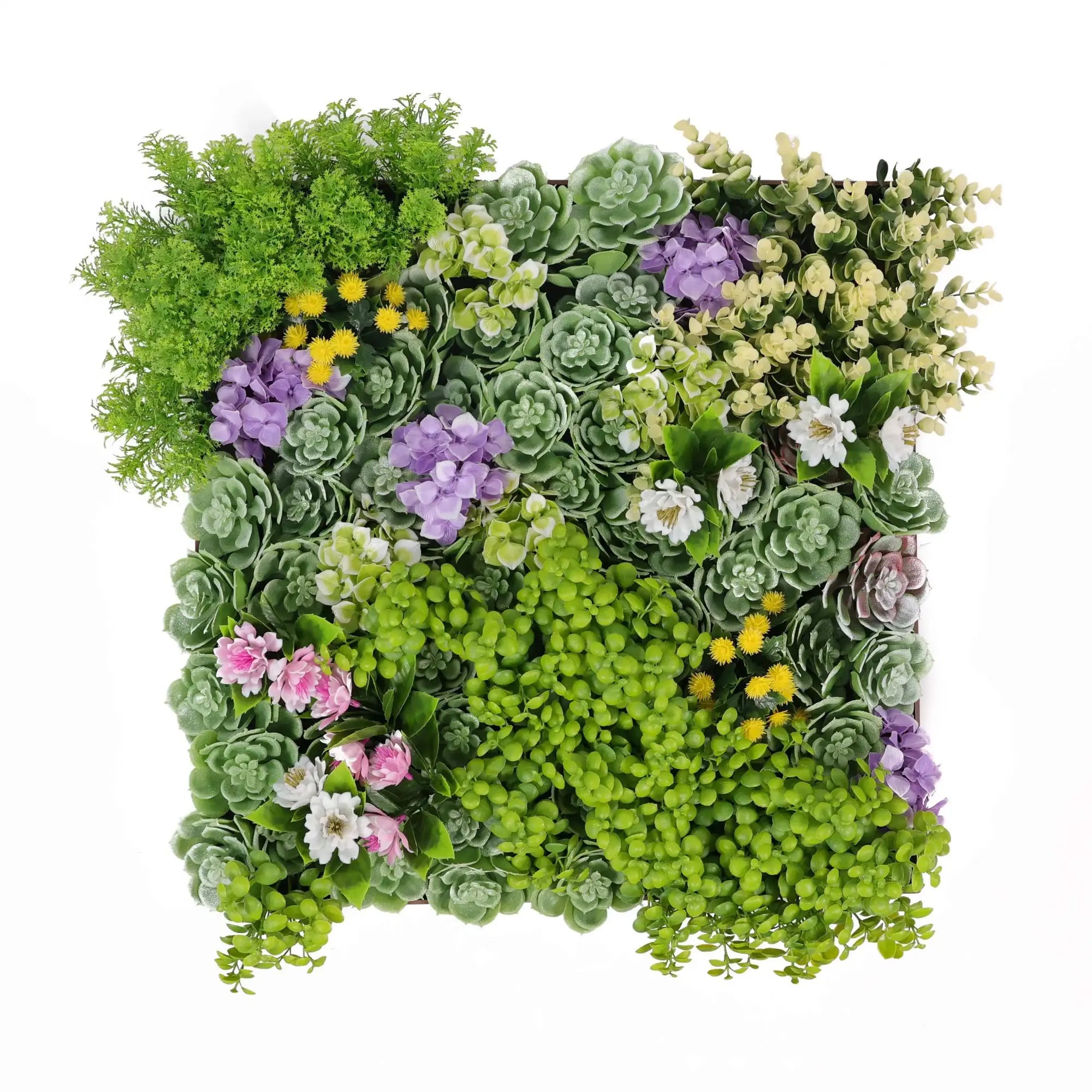 Artificial moss and succulent hanging wall art frame, 20-inch UV resistant living wall decor by Designer Plants USA.