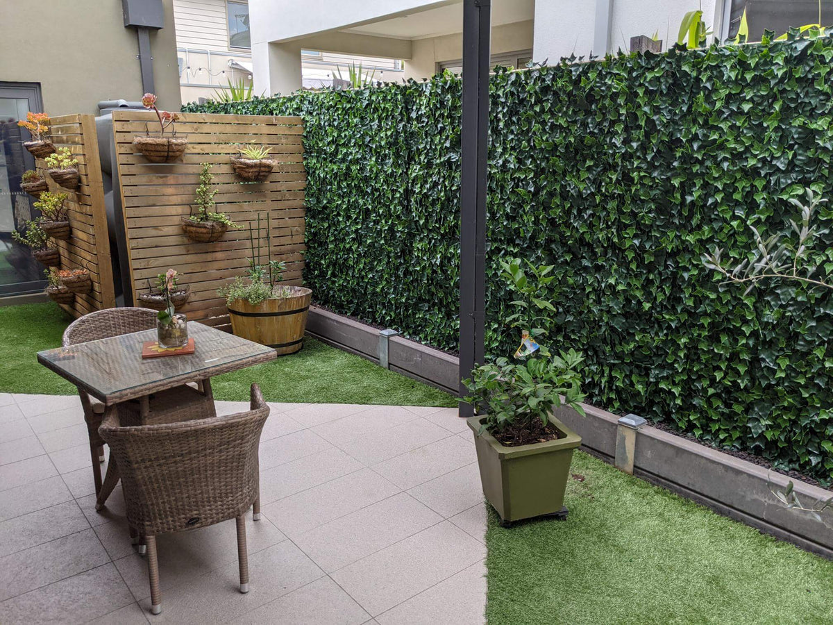 Artificial Boston Ivy wall panels from Designer Plants USA, UV resistant living wall panels for outdoor or commercial use.
