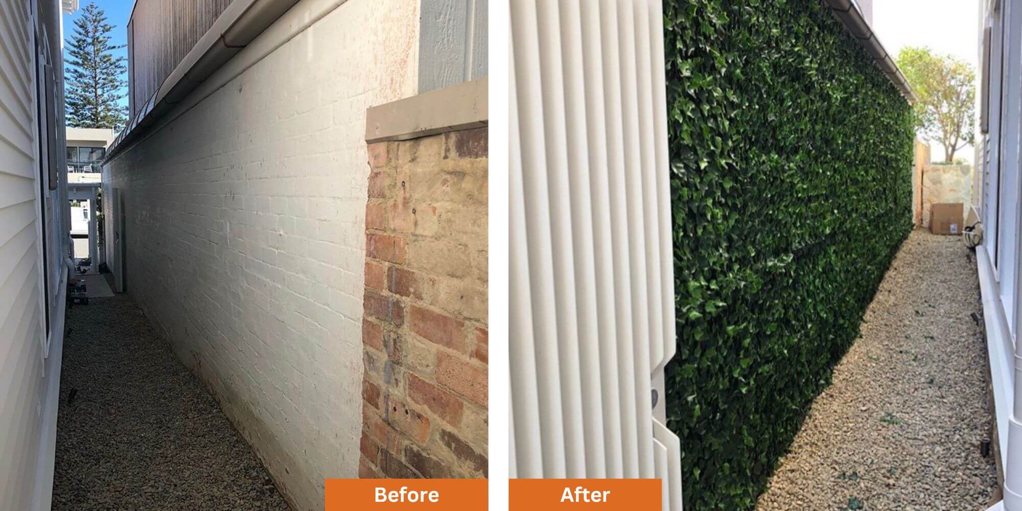 Before and after view of Designer Plants USA Boston Ivy artificial green wall panels, UV resistant living wall for commercial use.