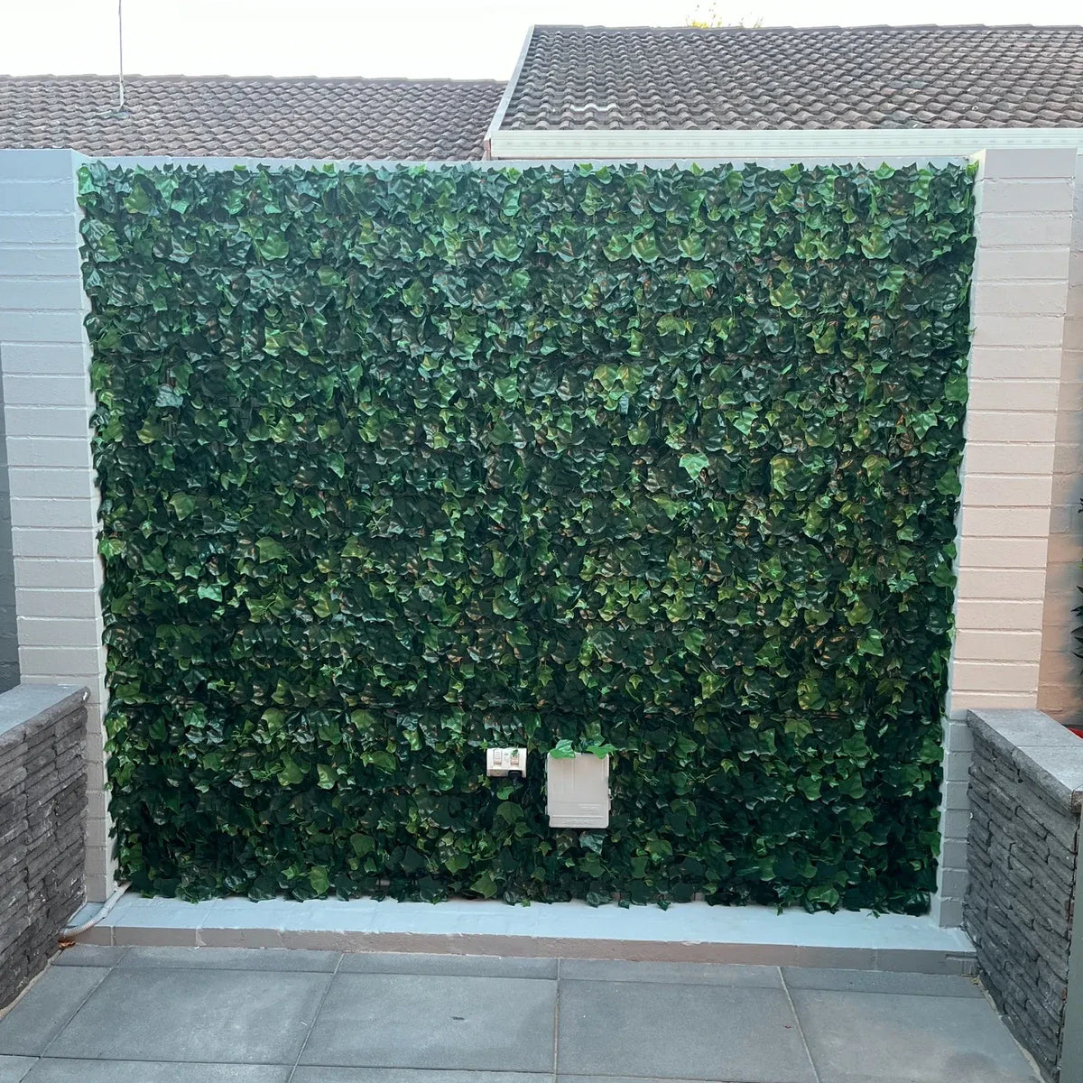 Artificial Boston Ivy green wall by Designer Plants USA, UV resistant living wall panel, 33 sq ft commercial grade for outdoor use