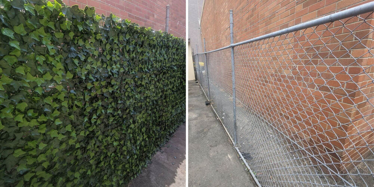 Artificial Boston Ivy vertical garden panel installed on cyclone mesh fence, UV resistant commercial-grade living wall from Designer Plants USA.