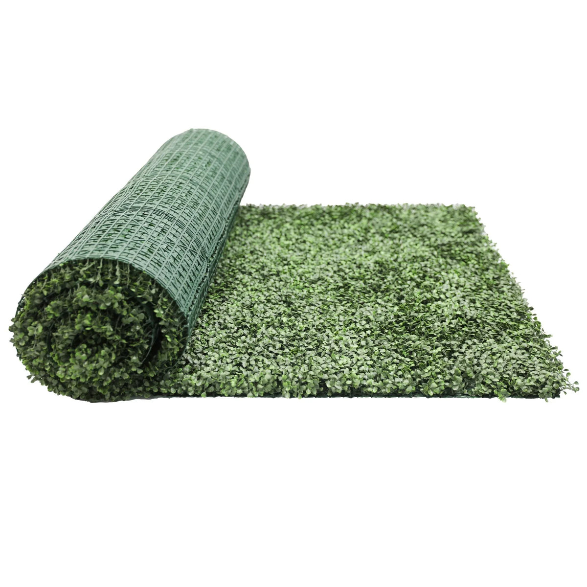 Artificial boxwood green wall roll by Designer Plants USA, 10ft x 3.3ft, UV resistant commercial-grade living wall with privacy backing.