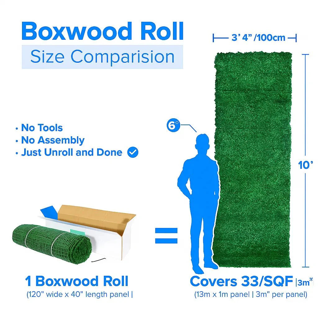 Faux boxwood hedge roll by Designer Plants USA, UV resistant artificial green wall for living walls, 10ft x 3.3ft, 33 sq ft.