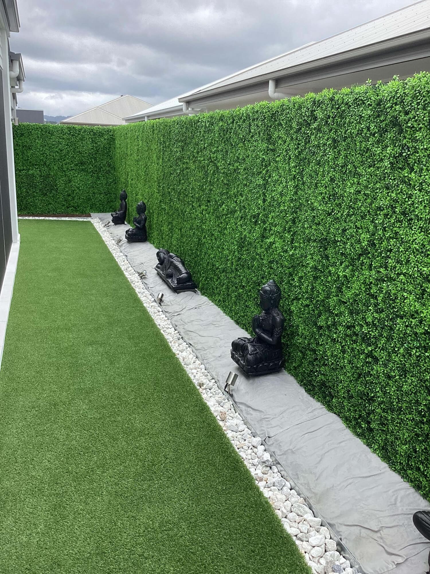 Bright Boxwood artificial vertical garden panel by Designer Plants USA, UV resistant living wall for commercial indoor or outdoor use.