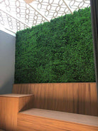 Near-natural green boxwood vertical garden wall panel by Designer Plants USA installed outdoors in a cafe, UV resistant and commercial grade.