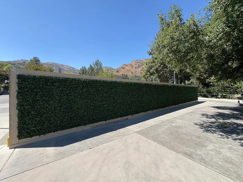 Artificial dark boxwood vertical garden panels by Designer Plants USA, UV resistant living wall set of 6 for commercial green wall displays.