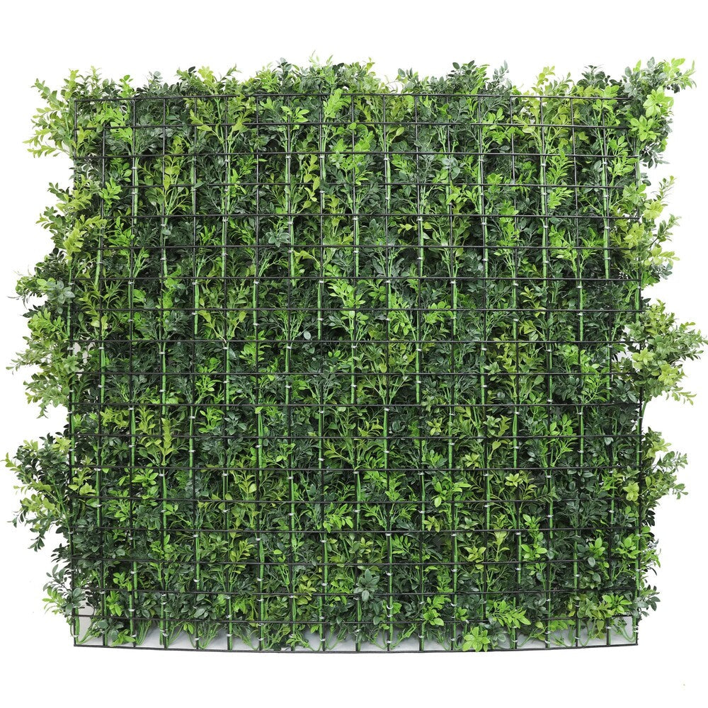 Dark green dense boxwood foliage vertical garden panel by Designer Plants USA, UV resistant, fire-rated, metal-backed, 40x40 inches.