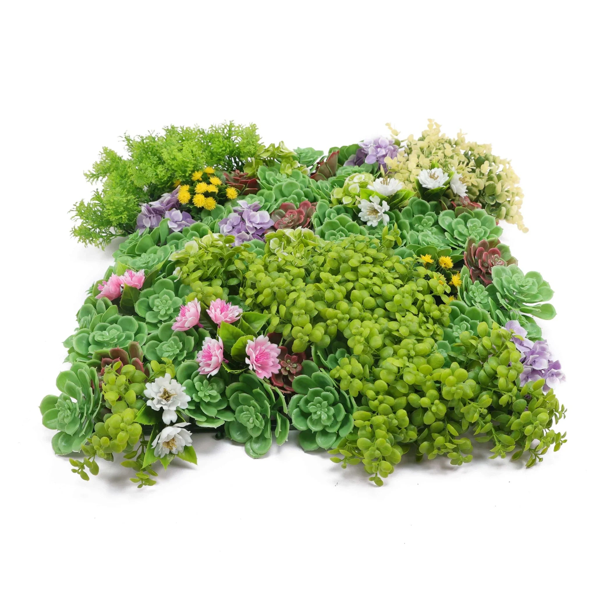 Close-up of Designer Plants USA artificial succulent living wall panel, UV resistant, 20x20 inches, ideal for vertical garden displays.