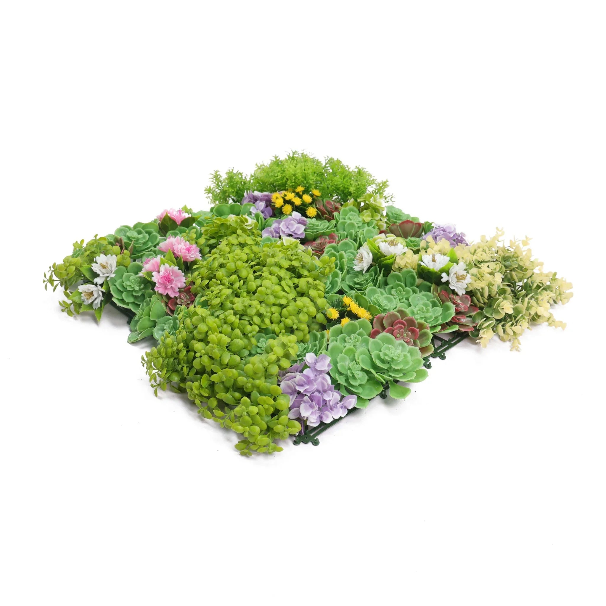 Close-up of dense artificial succulent green wall panel by Designer Plants USA, UV resistant, 20x20 inch living wall for commercial use