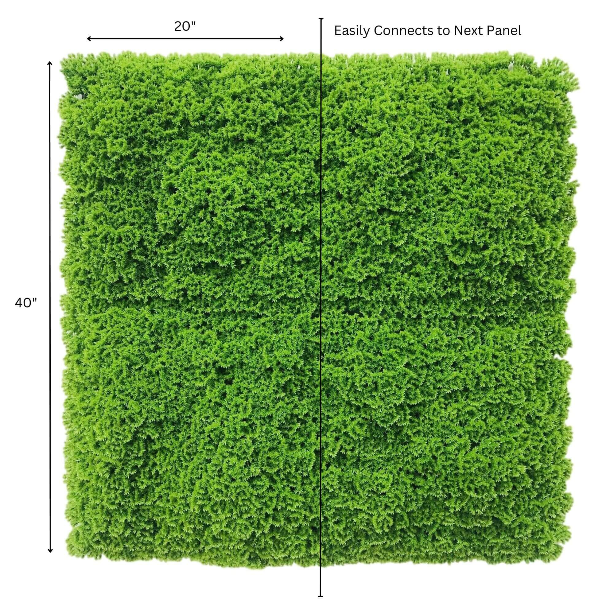 Artificial green wall mat by Designer Plants USA, UV resistant evergreen moss for living wall installations, 40x20 inches.