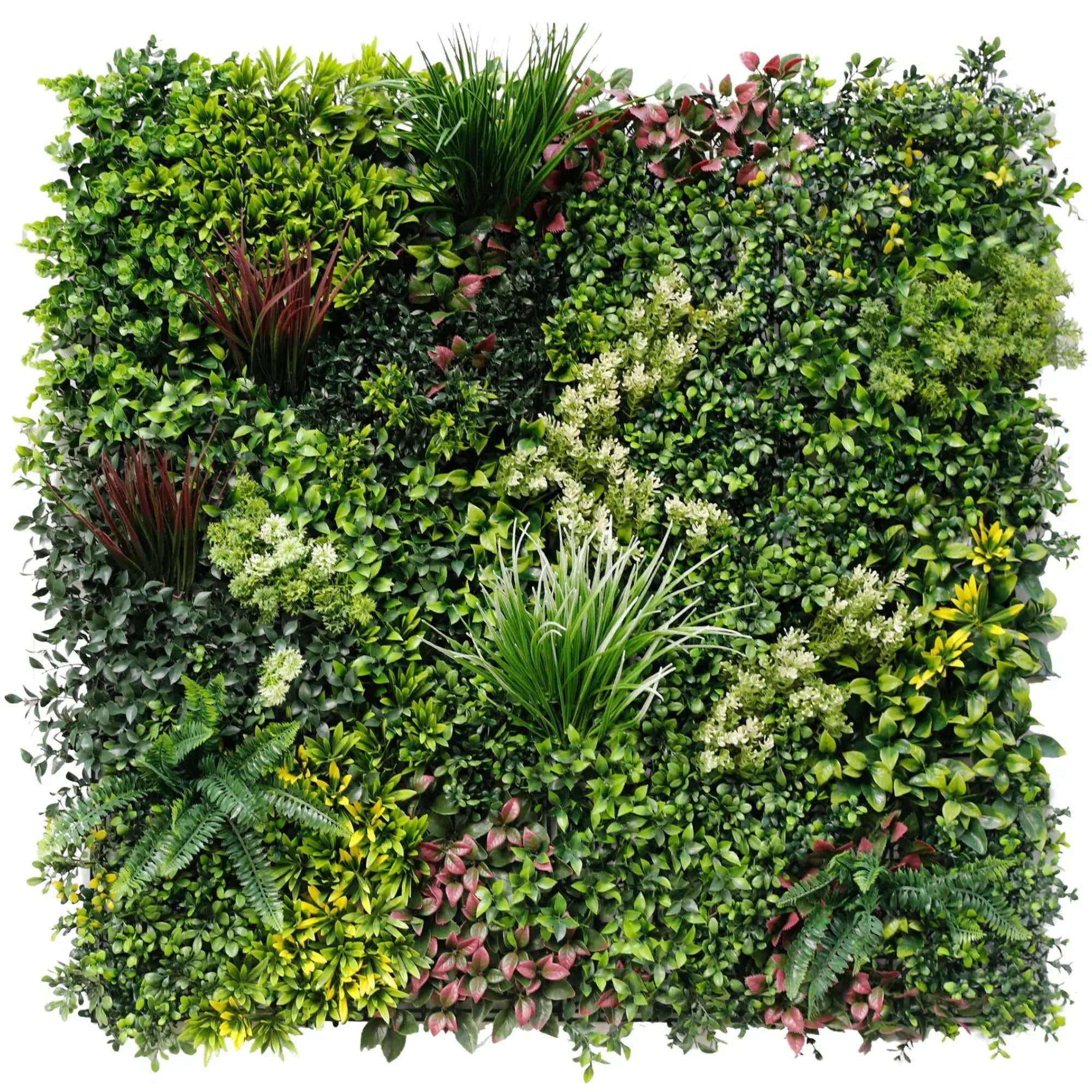 Three artificial evergreen living wall panels by Designer Plants USA, UV resistant, perfect for vertical garden displays.