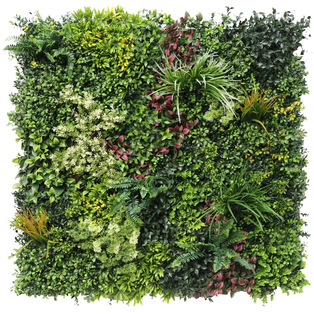 Set of three Evergreen Triptych artificial vertical garden panels for living walls, UV resistant, commercial-grade green wall decor.