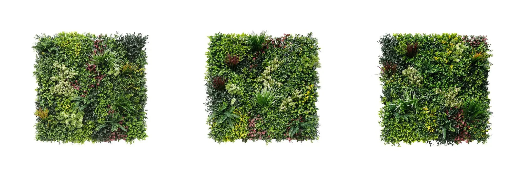 Set of three Designer Plants USA artificial vertical garden wall panels for living walls, UV resistant, 33 sq ft, commercial-grade greenery.