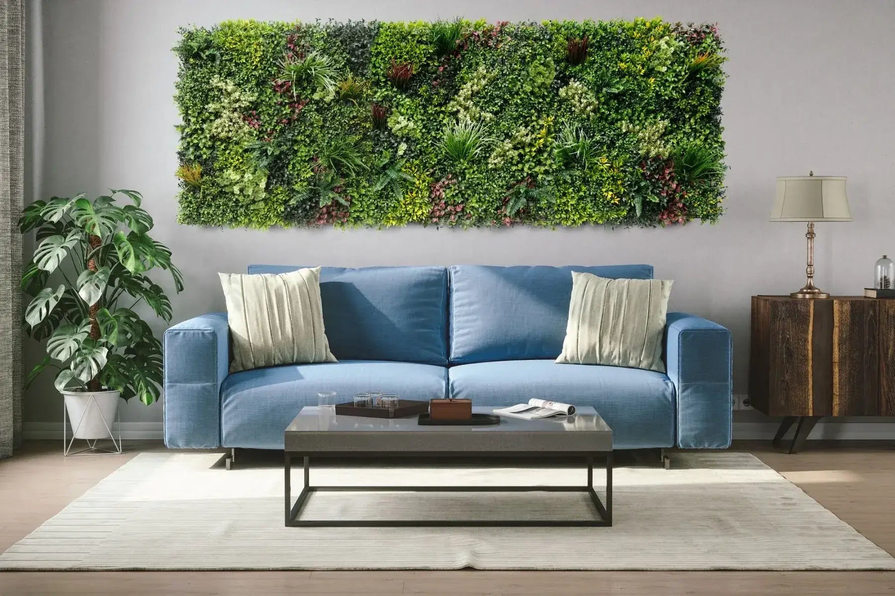 Three artificial evergreen vertical garden panels from Designer Plants USA, UV-resistant living wall set for commercial use.