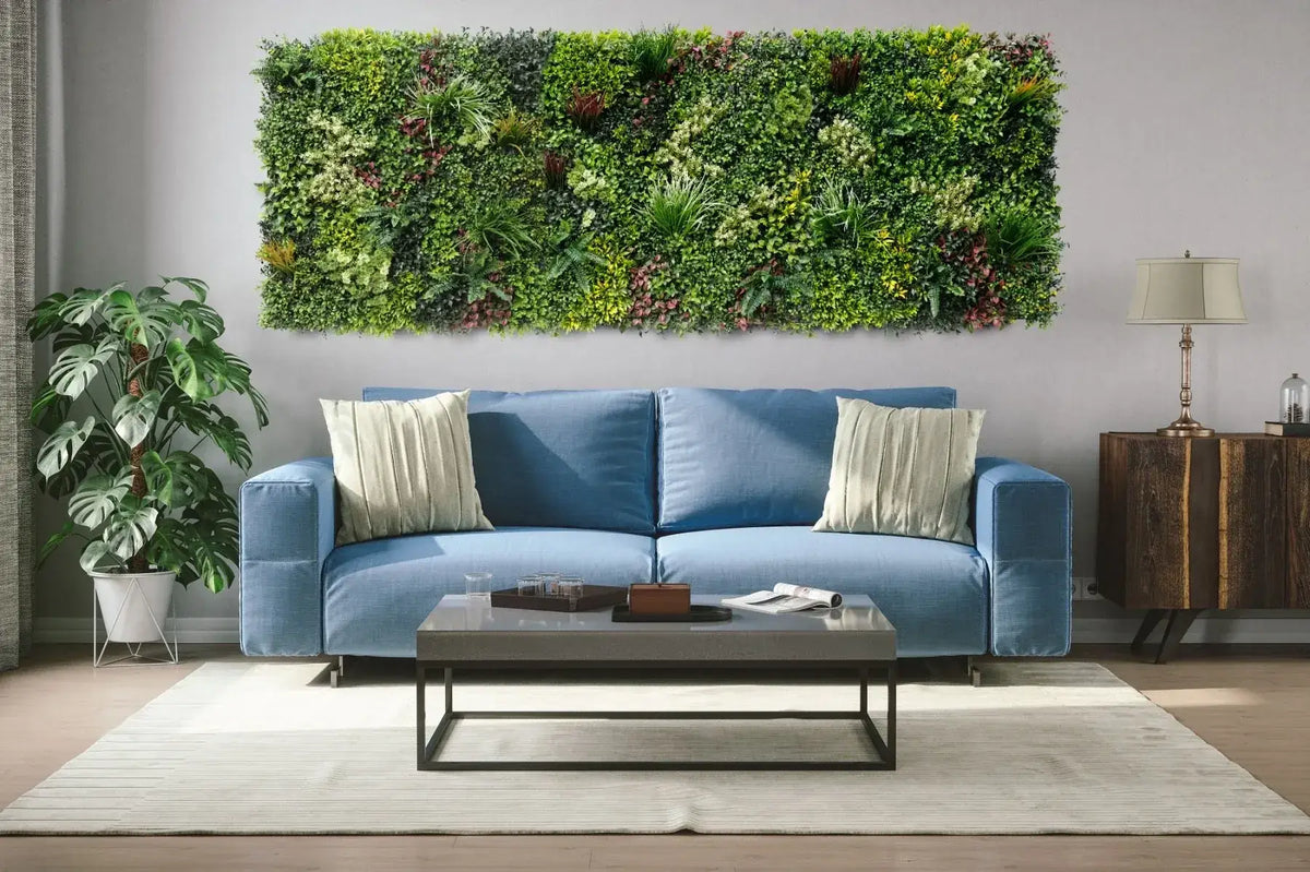 Three artificial evergreen vertical garden panels from Designer Plants USA, UV-resistant living wall set for commercial use.