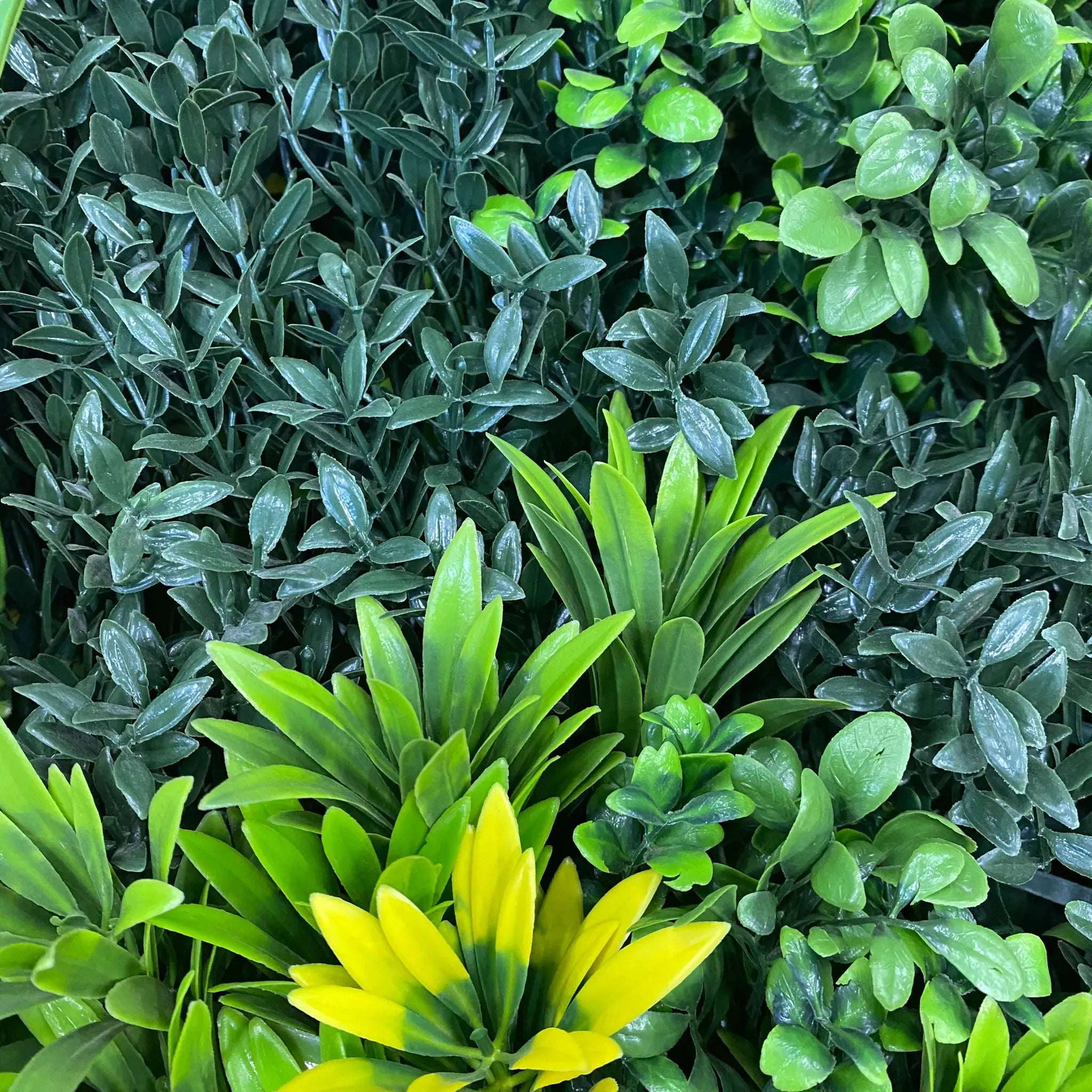 Set of three Designer Plants USA artificial green wall panels for living walls, UV resistant and suitable for large-scale vertical gardens.
