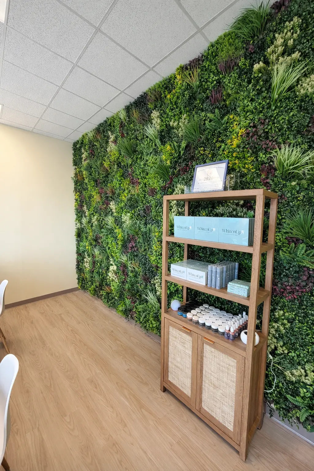 Artificial evergreen triptych panels for vertical garden walls, UV resistant, commercial-grade living wall set by Designer Plants USA.