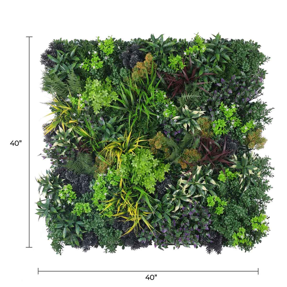 Artificial floral fusion vertical garden panel by Designer Plants USA, UV-resistant green wall for living walls, 40x40 inches.