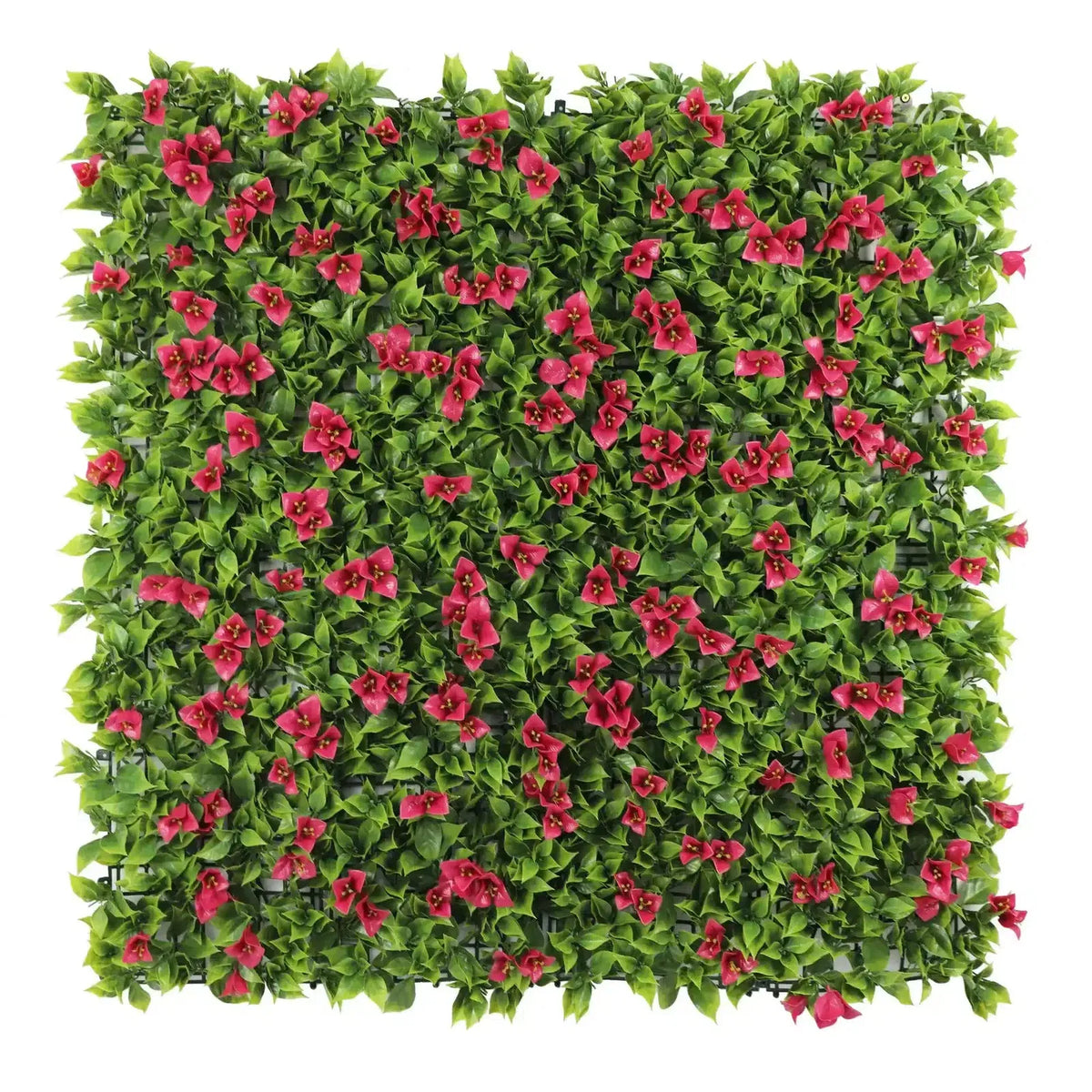 Pink flowering artificial vertical garden panel by Designer Plants USA, UV-resistant living wall for commercial or home use.