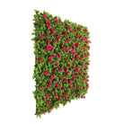 Pink flowering artificial vertical garden panel by Designer Plants USA, UV resistant living wall for commercial or outdoor use.