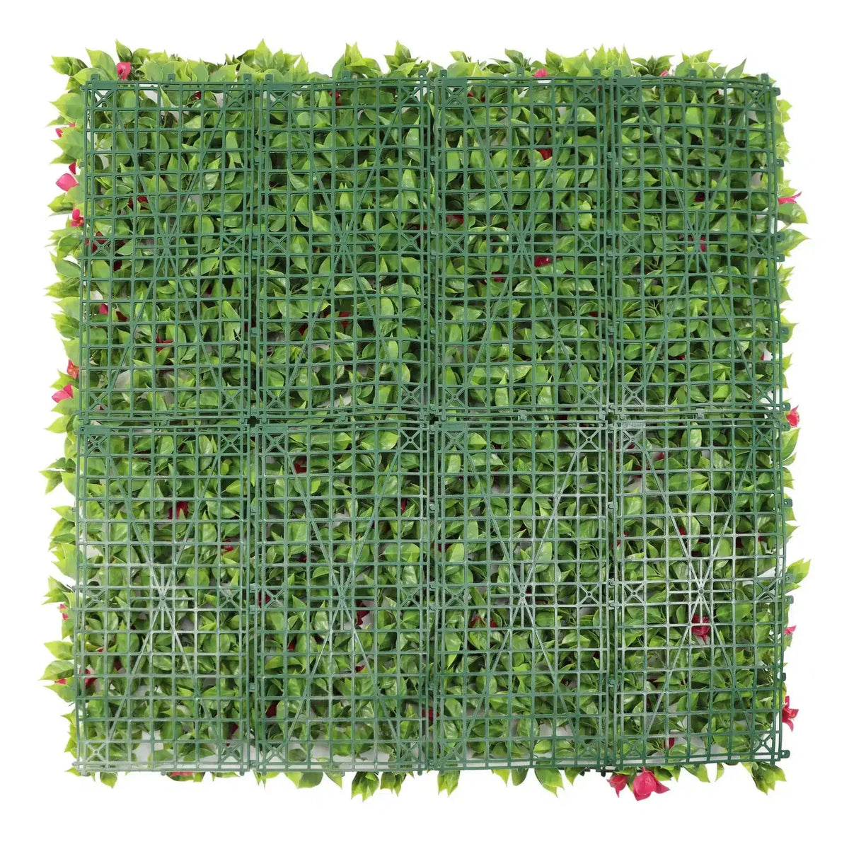 Pink flowering artificial vertical garden panel by Designer Plants USA, UV-resistant living wall for commercial or indoor use