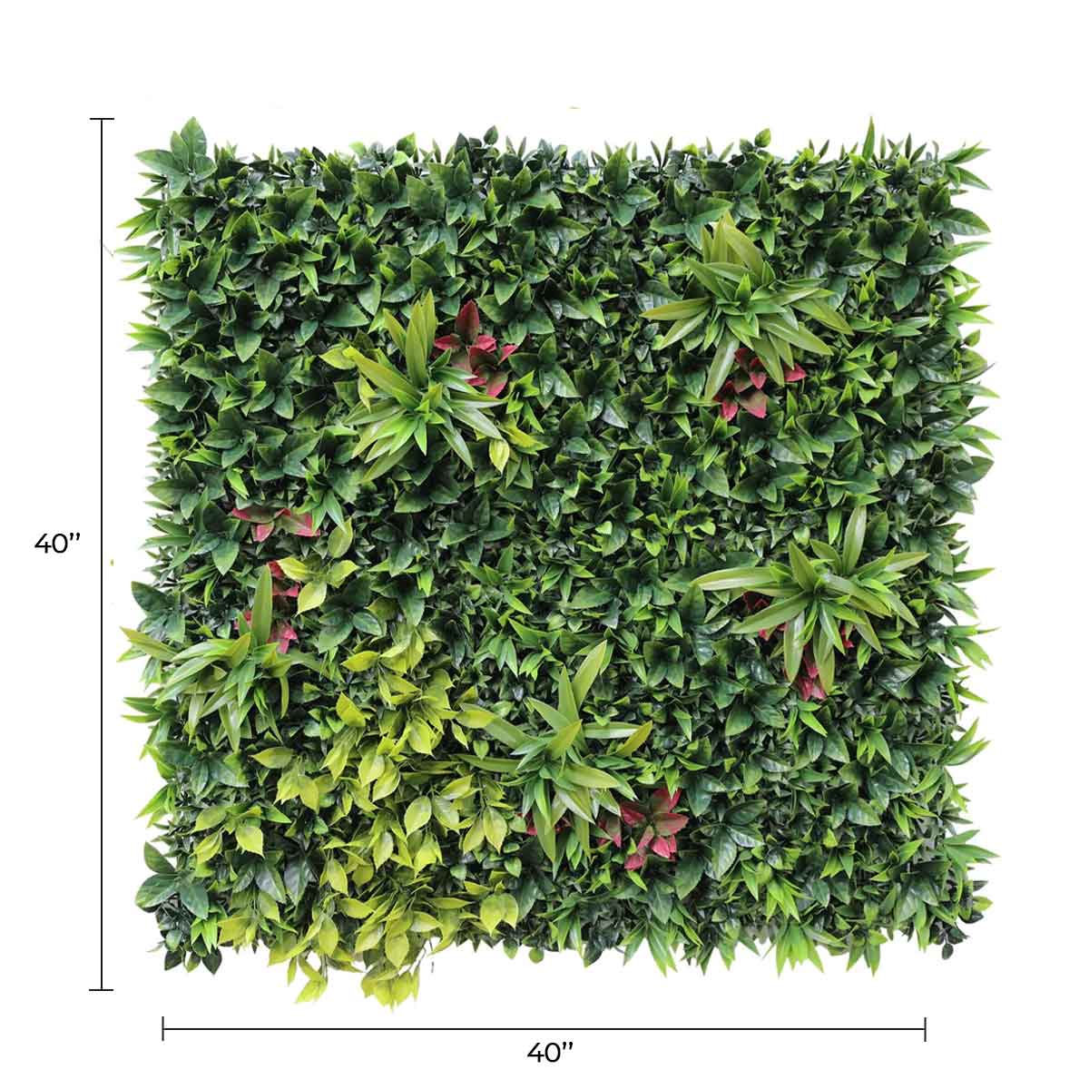 Artificial vertical garden panel by Designer Plants USA, green wall with lush, UV-resistant leaves for living walls in 40x40 inch size.
