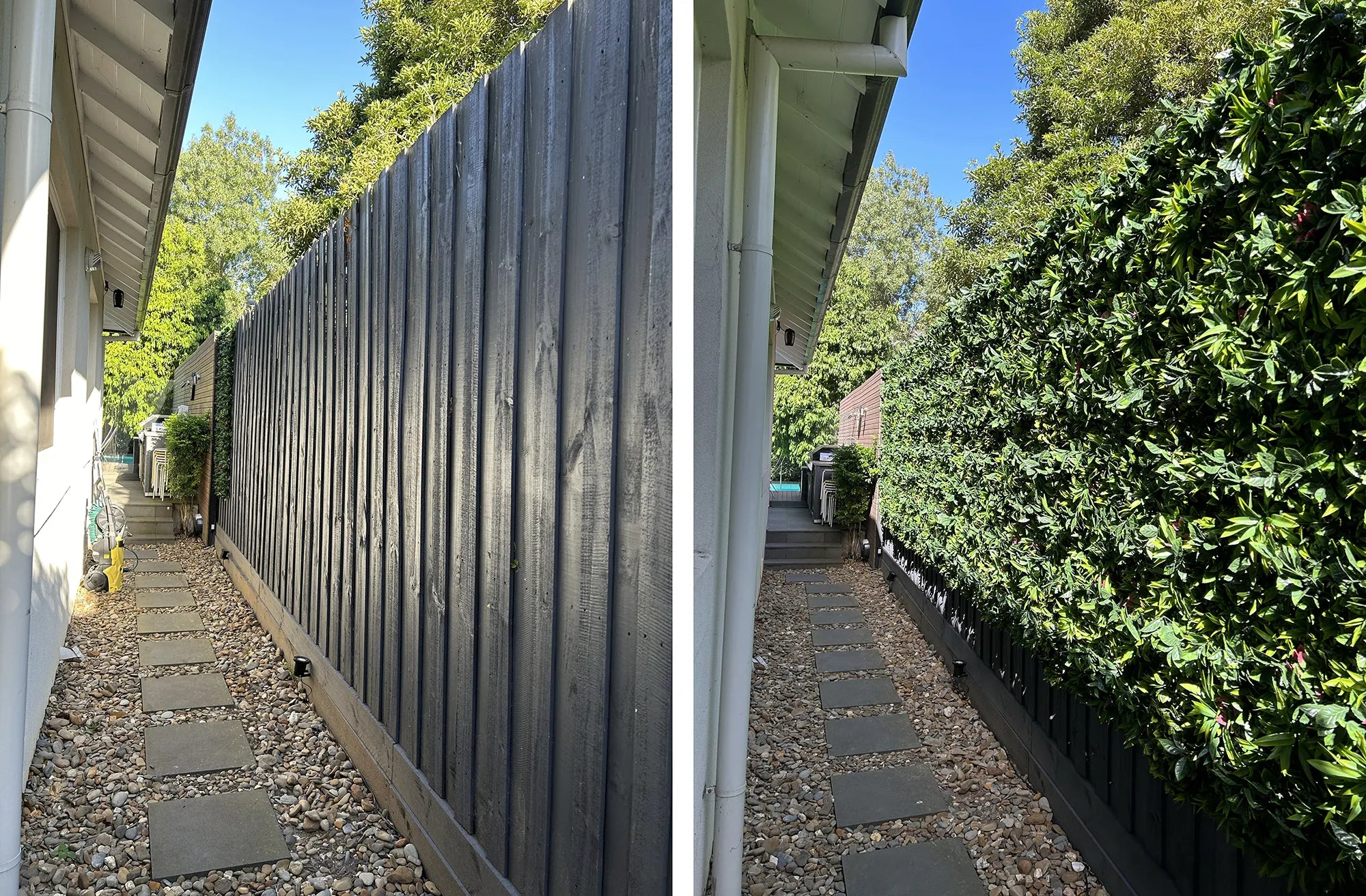 Outdoor view of Designer Plants USA Green Meadows artificial vertical garden wall panel on fence, UV resistant, 40x40 inches.