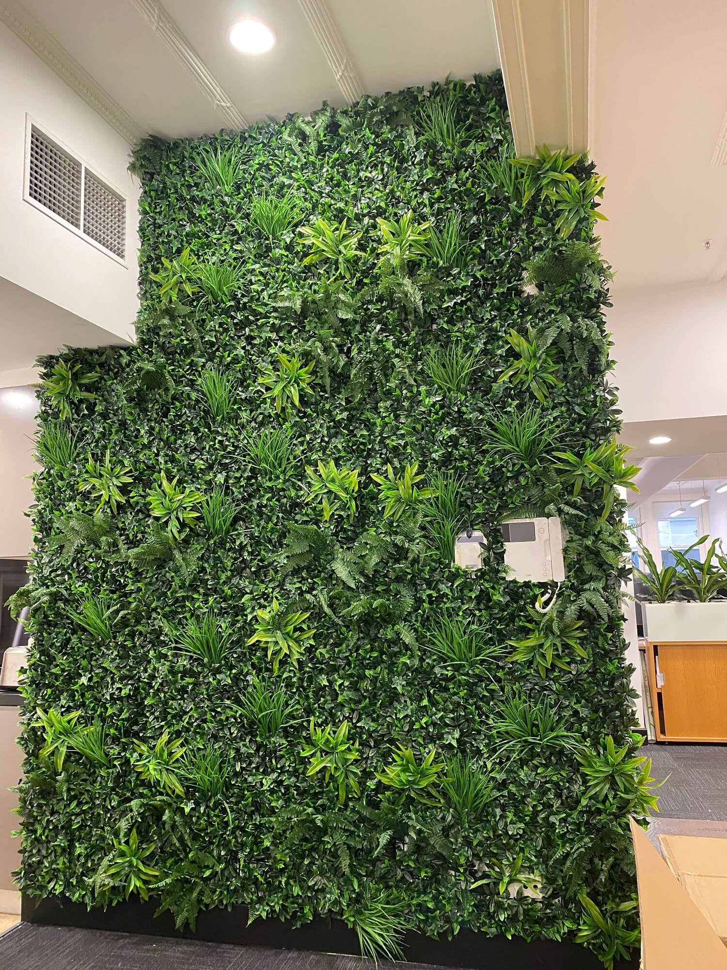Artificial green wall panel by Designer Plants USA, 40x40 inch living wall with UV-resistant, lush tropical foliage for commercial use.