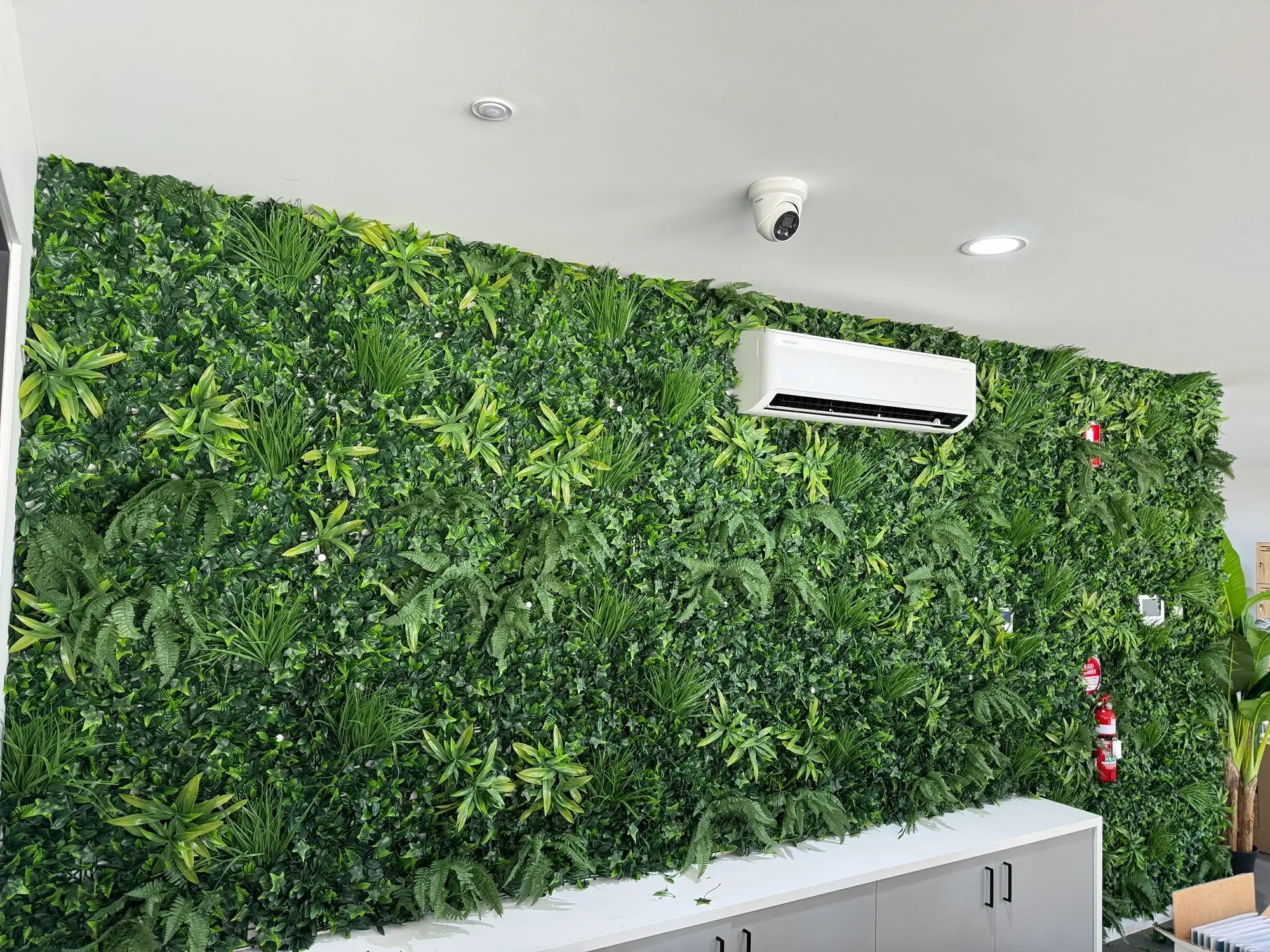 Melbourne office with Designer Plants USA Green Tropics artificial vertical garden wall panel, UV resistant, 40x40 inch living wall.