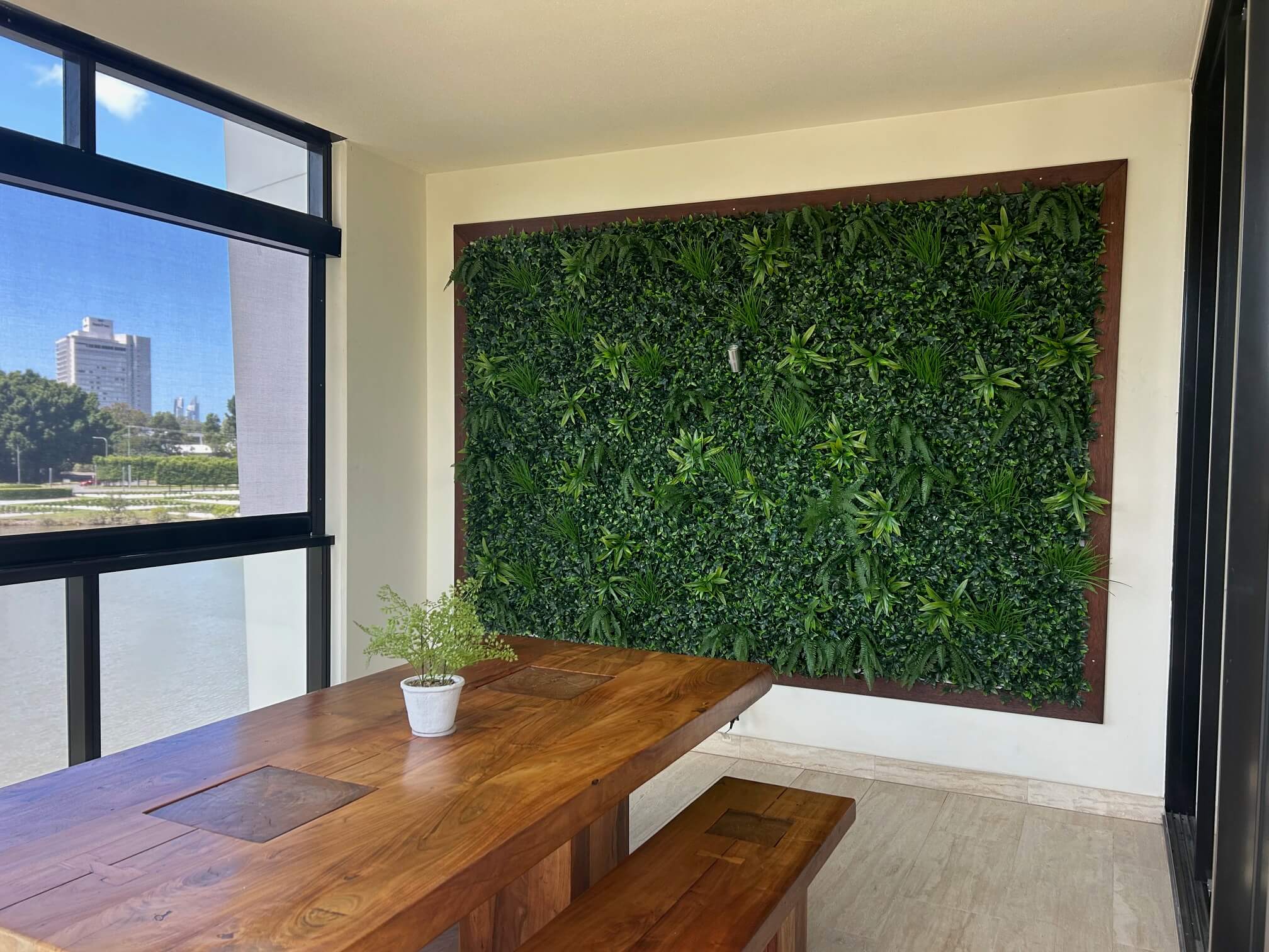 Luxurious green wall panel from Designer Plants USA, 40x40 inch artificial vertical garden with UV-resistant, commercial-grade living wall design.