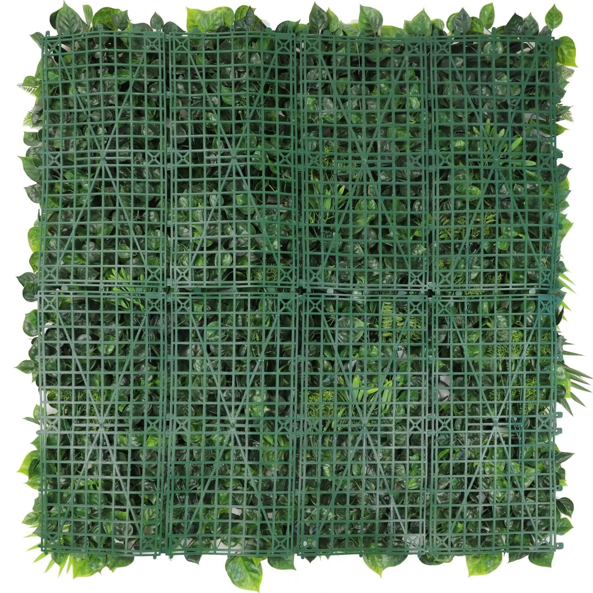 Back view of Designer Plants USA Hawaiian Sunrise artificial vertical garden panel with lush palm leaf design, UV resistant for living walls.