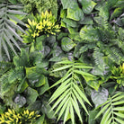 Close-up of Designer Plants USA Hawaiian Sunrise artificial palm leaf green wall panel, UV-resistant living wall for vertical gardens.