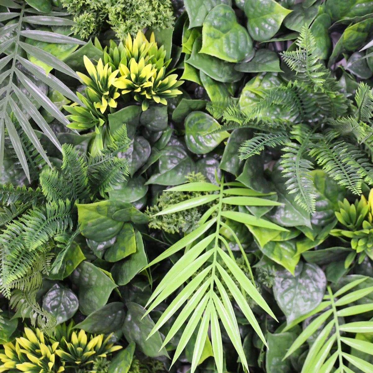 Close-up of Designer Plants USA Hawaiian Sunrise artificial palm leaf green wall panel, UV-resistant living wall for vertical gardens.
